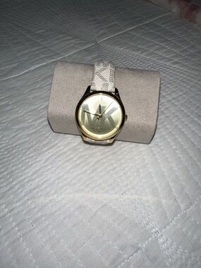 Michael Kors Gold Dial Watch with White Logo-Print Strap
